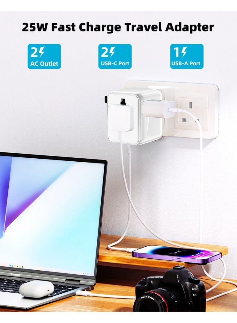 Voltrava Universal Travel Plug Adapter with 2 AC Outlets, PD 25W Fast Charging, Dual USB-C & USB-A Ports – International Multi Plug Power Adapter for Worldwide Travel, Compatible with US UK EU AU Asia – Compact All-in-One Travel Charger - White - Image 2